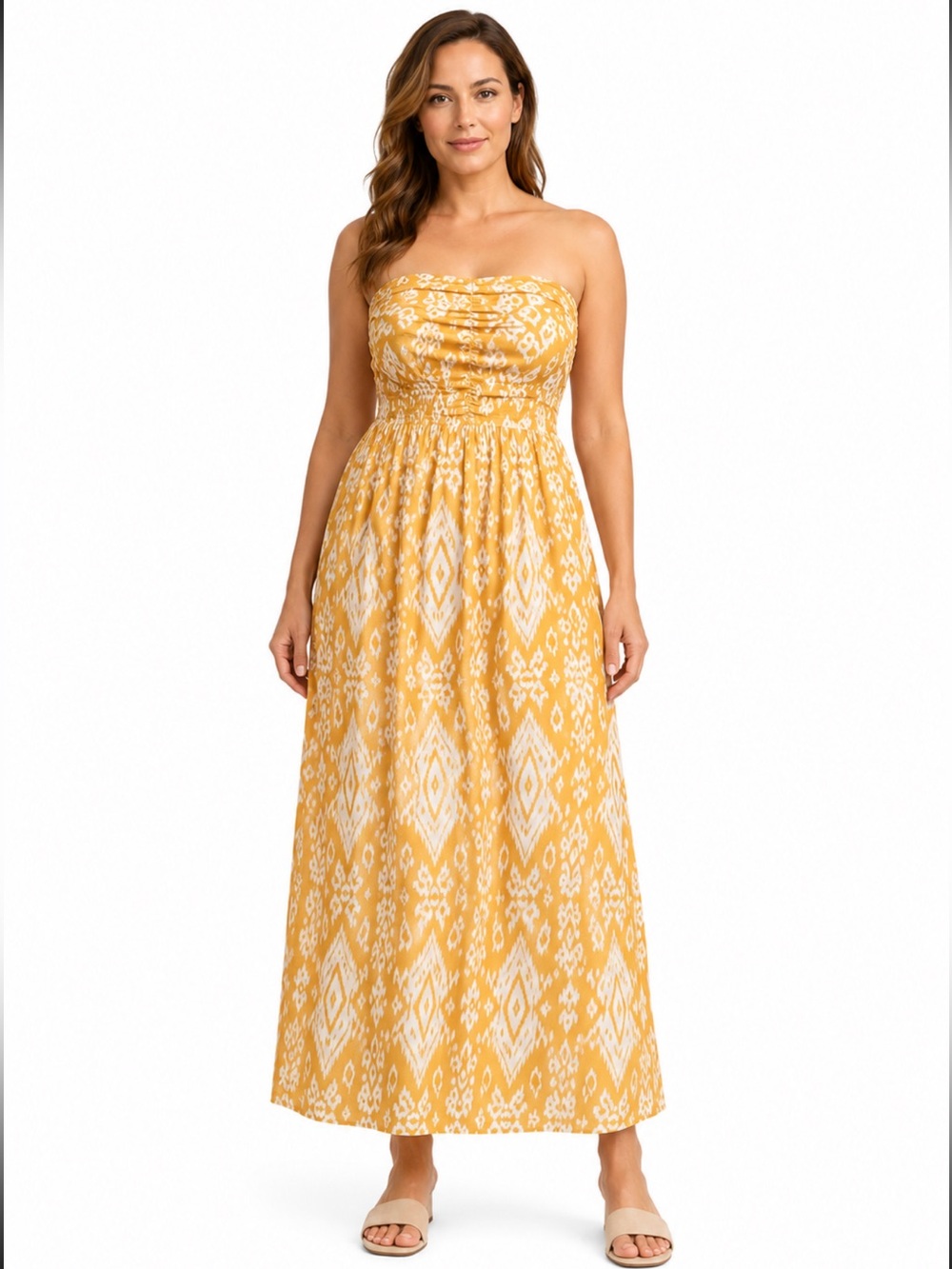 Grace Karin Strapless Boho Maxi Dress Mustard White Ikat Print XL